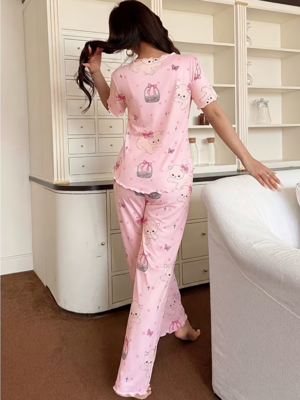 Pink Cat Print Pajama Set - Women’s Cute Sleepwear New - Picture 3 of 3